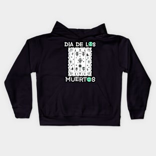 Dia De Los Muertos -  White and Green - Papel Picado - Black skulls Kids Hoodie